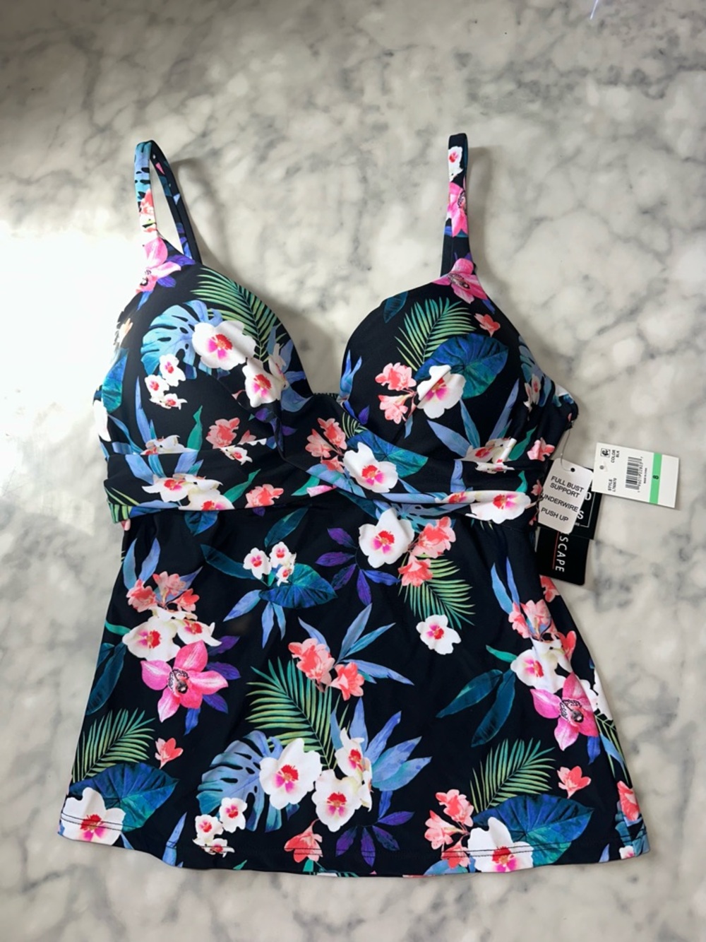 Island Escape Black Floral Underwire Tankini Top push up bra